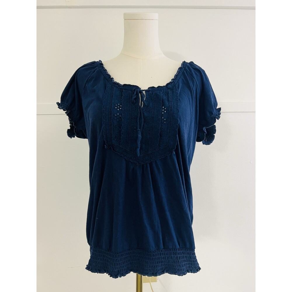 Aeropostale Short Sleeve Navy Top Crochet Detail Elastic Hem Ruffle Boho Y2K